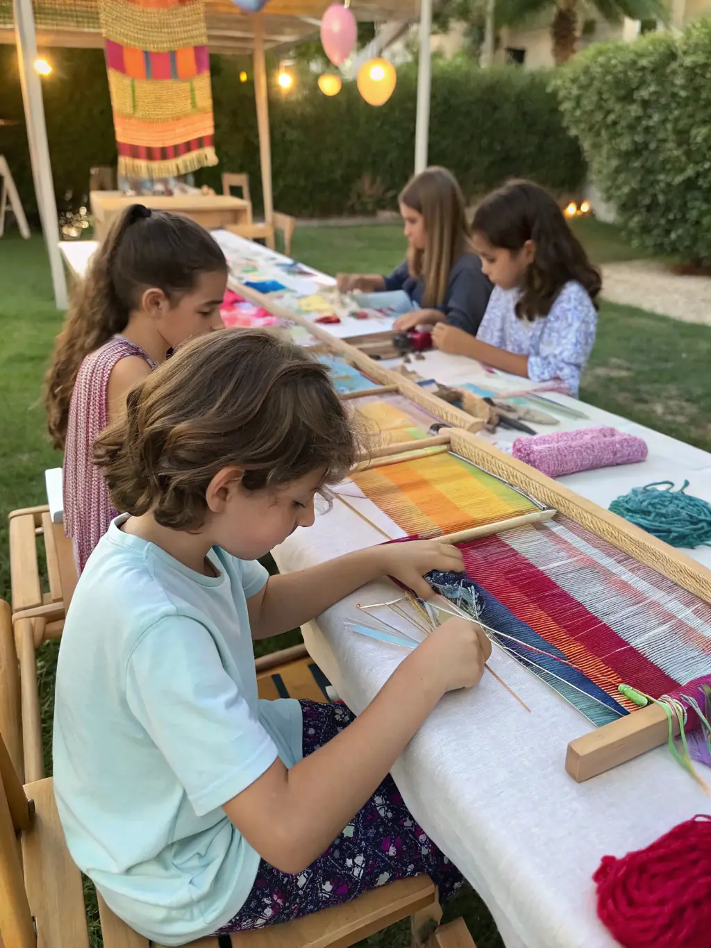 A group of children participating in a workshop learning about traditional crafts and local history, with instructors demonstrating techniques.