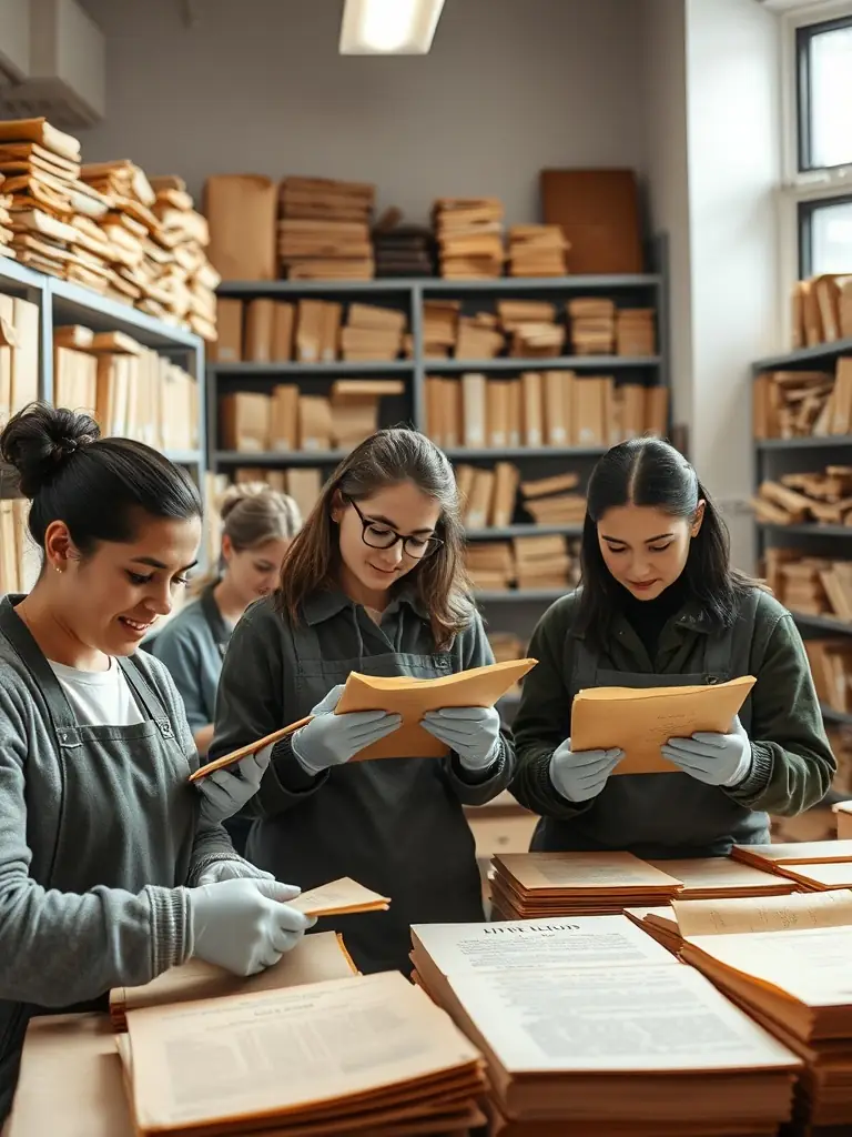 An image of volunteers cataloging old photographs and documents in a well-lit archive room, representing the Historical Research and Documentation program.